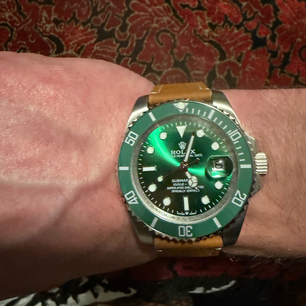 Rolex rep Green Dial Watch with Tan Strap